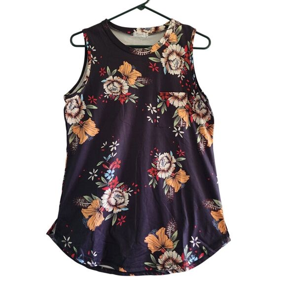 Hount Rosette Top Feminine Whimsical Sleeveless Nylon Multi Floral Black Sz Med - Picture 2 of 9